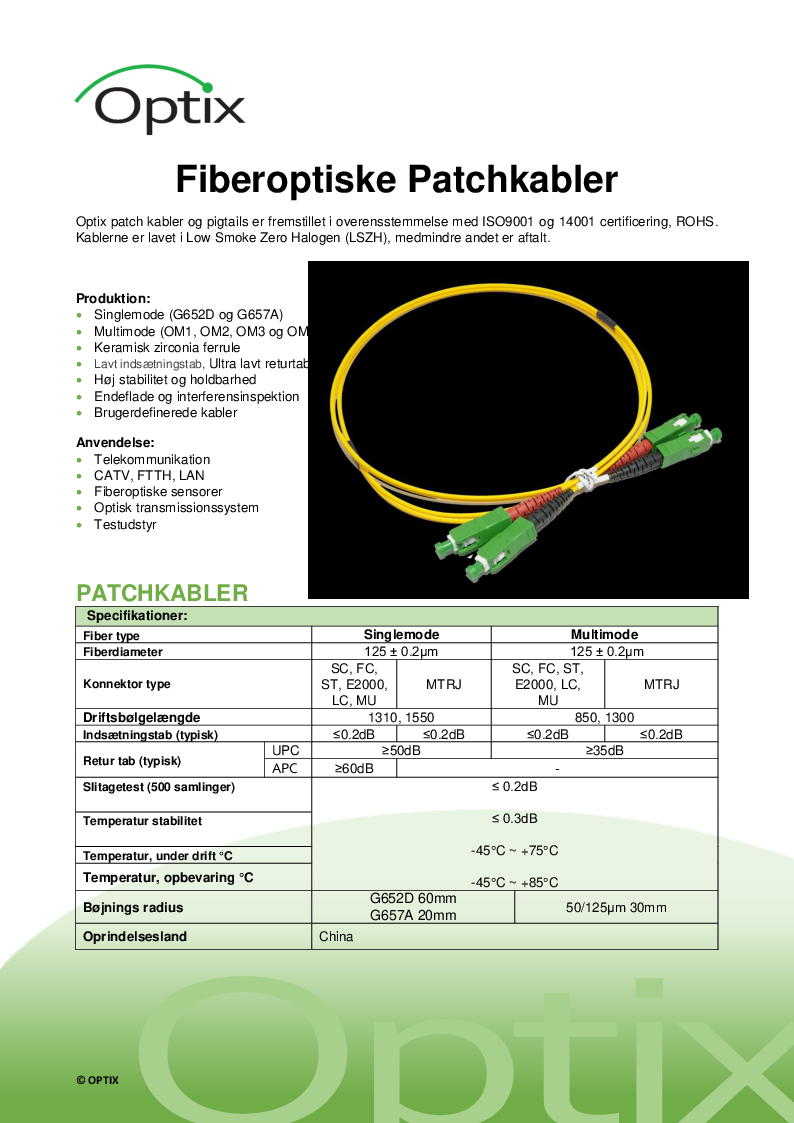 

Fiberoptiske Patchkabler data

